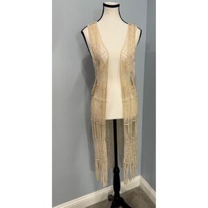 Buttons Womens M Crochet Fringe Open Front Duster Vest 100% Cotton Boho Hippie